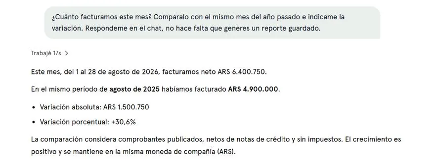 Respuesta de Tuqui a: ¿Cuánto facturamos este mes? Comparalo con el mismo mes del año pasado e indicame la variación. Respondeme en el chat, no hace falta que generes un reporte guardado.